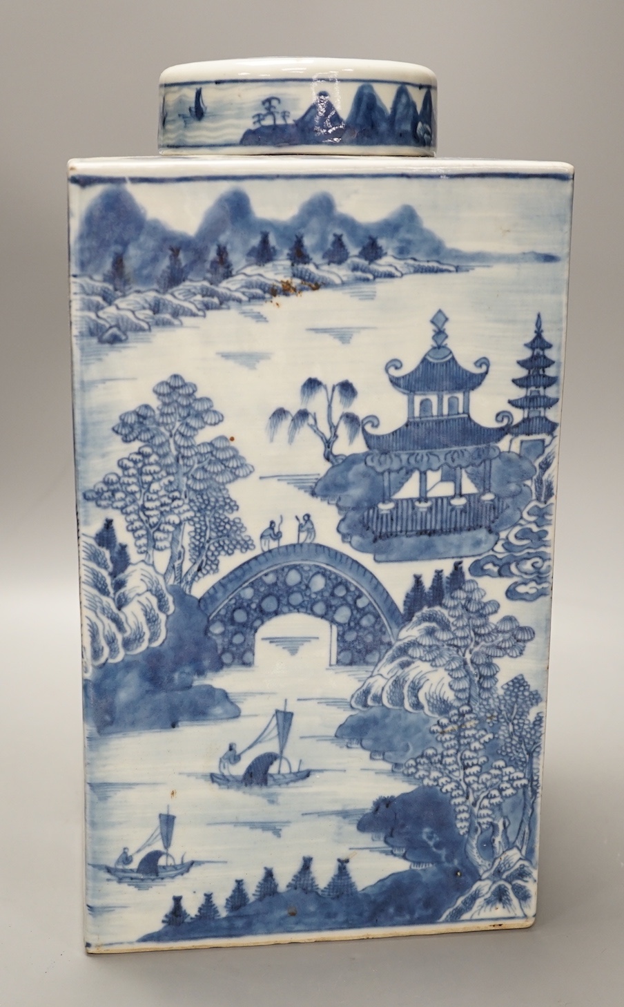 A large 18th century Chinese export blue and white tea canister 36cm